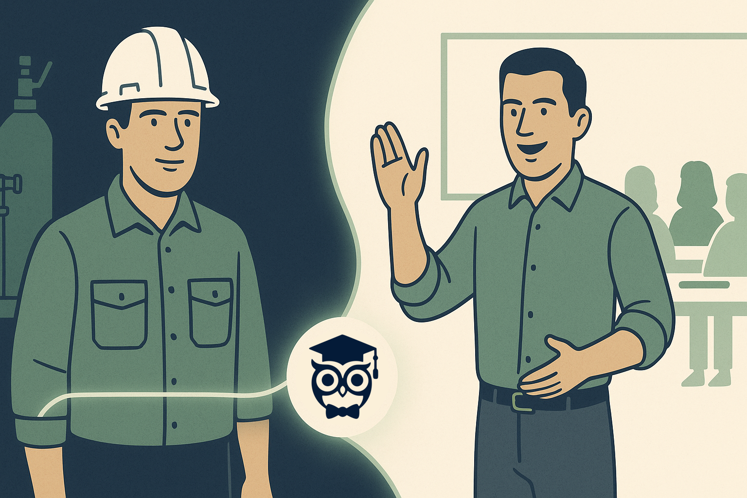 Industry professional transitioning from workplace to classroom, with Sage logo connecting the journey