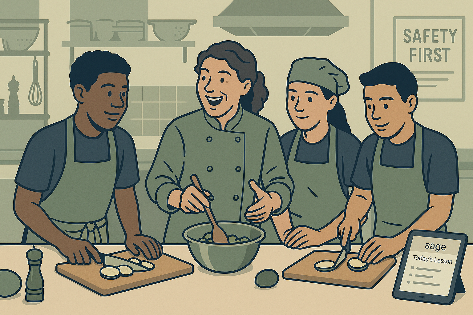 CTE teacher actively engaging with students in hands-on culinary arts class, demonstrating real-world skills