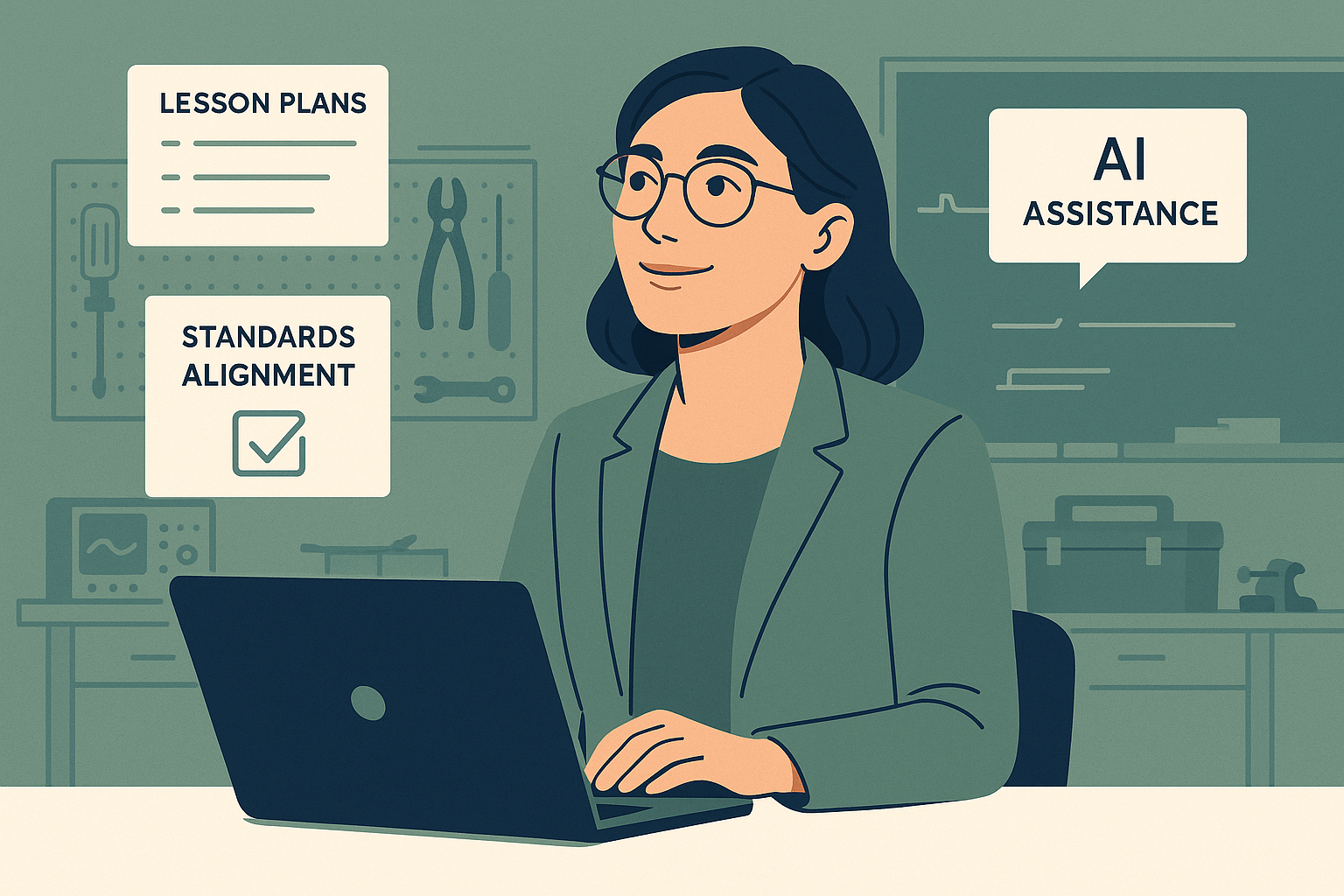 CTE teacher using Sage AI curriculum planner, looking toward the headline, in a calm classroom