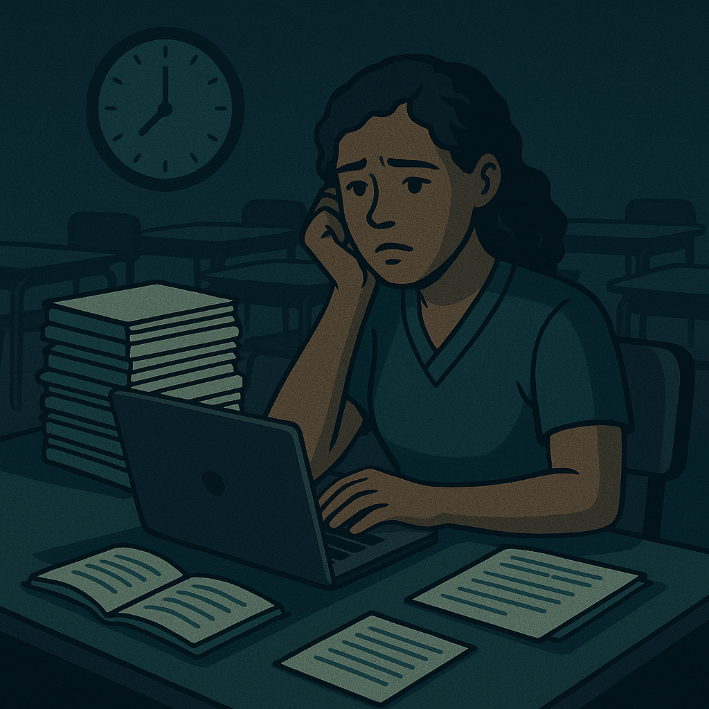 New CTE teacher alone at desk, overwhelmed by curriculum planning and standards documents