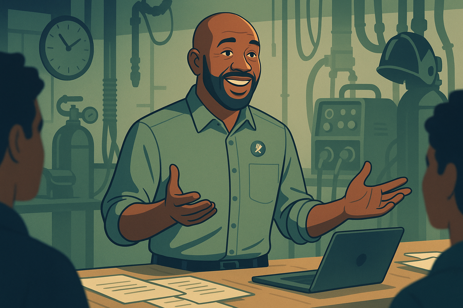 Confident CTE teacher in welding workshop environment, actively teaching students with Sage curriculum support